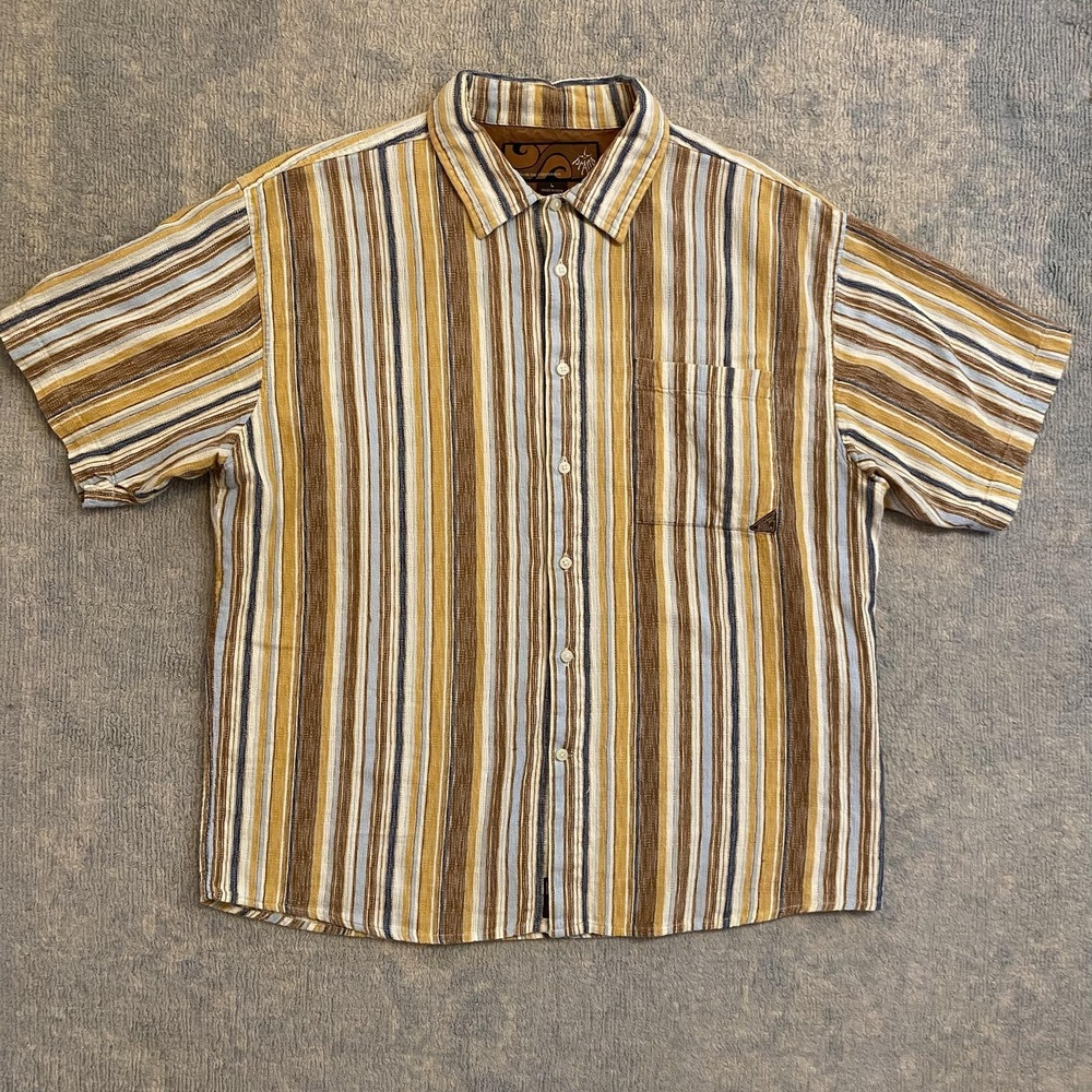 PrAna Shirt Mens Large Multicolor Stripe Short Sleeve Button Up Casual Woven